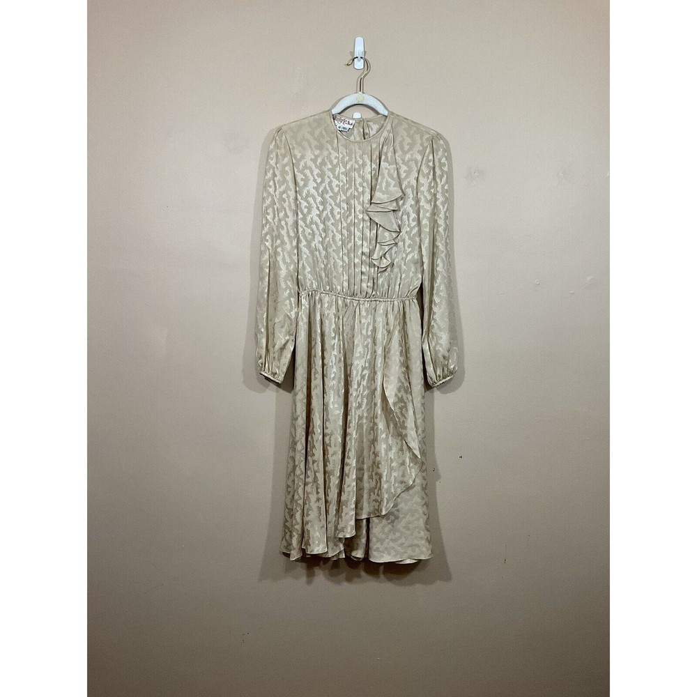VTG Rina di Montella Womens Silk Faux Wrap Midi Dress 10 Beige Pleated Ruffles